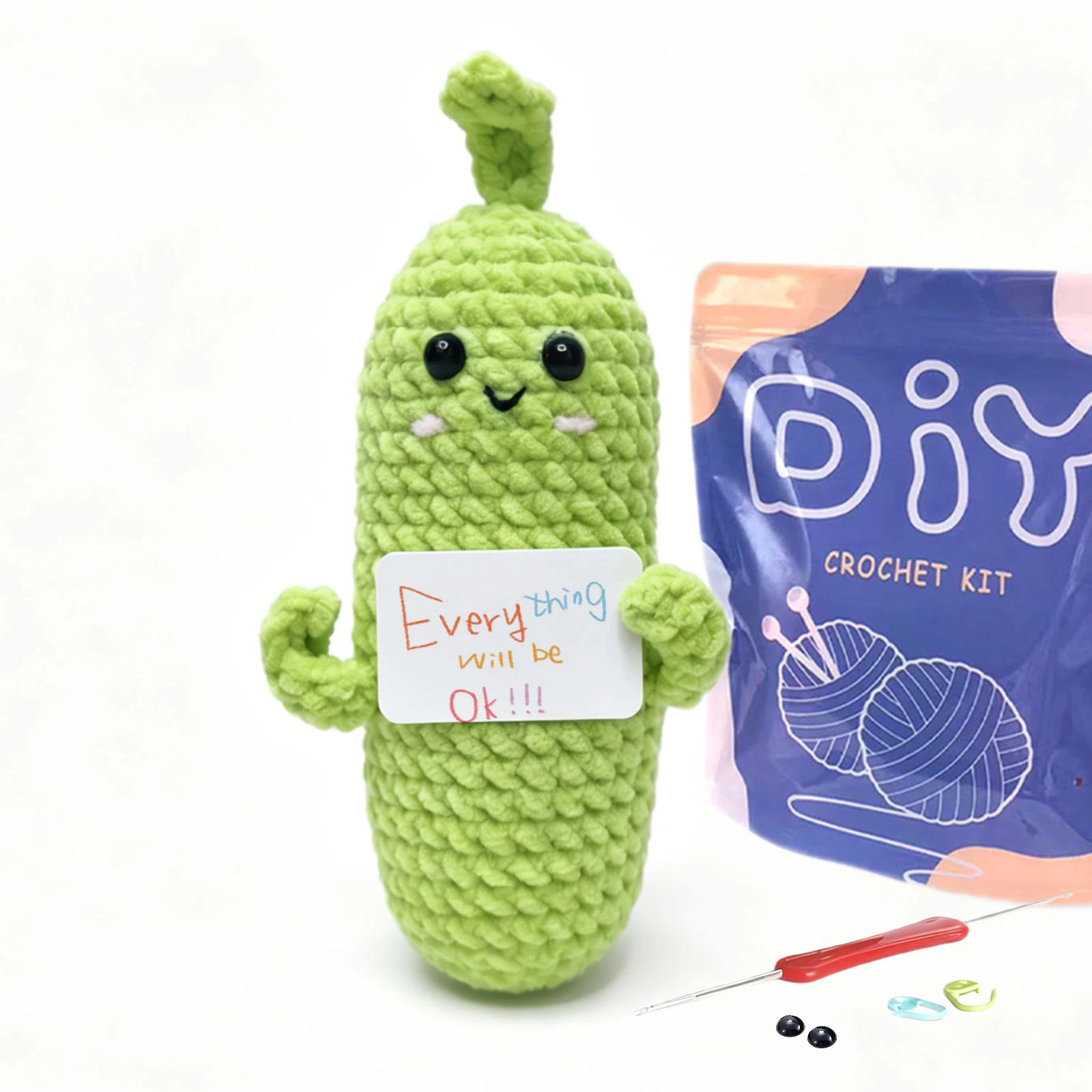 1 Set Cucumber Shaped Crochet Material Pack, Complete Amigurumi Supplies Kit with Step-by-Step Teaching Video for New Crocheters