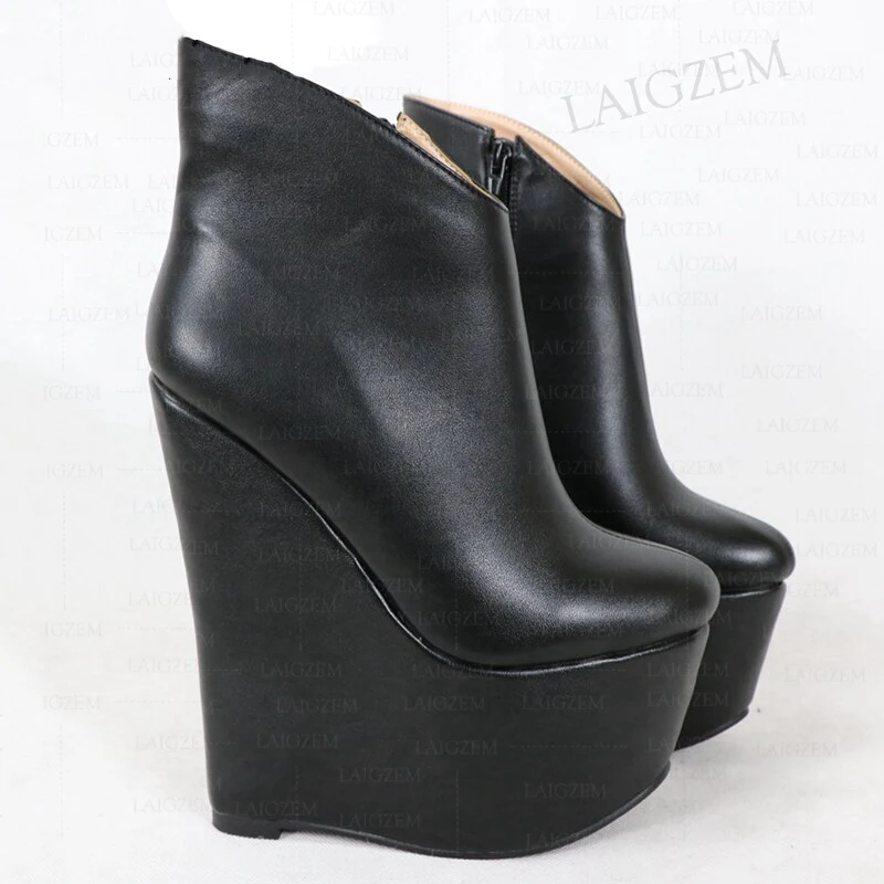 SEIIHEM Women Ankle Boots 20cm High Heels Wedges Platform Side Zip Up Faux Leather Boots Ladies Shoes Woman Big Size 38 41 48