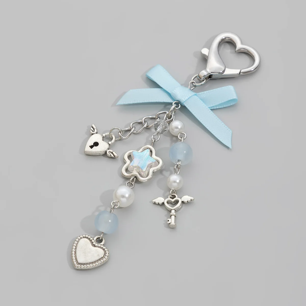 LLavero de lazo de cinta azul de estilo coreano, colgante de alas de corazón, adornos colgantes de perlas de imitación simples, accesorios para mujer