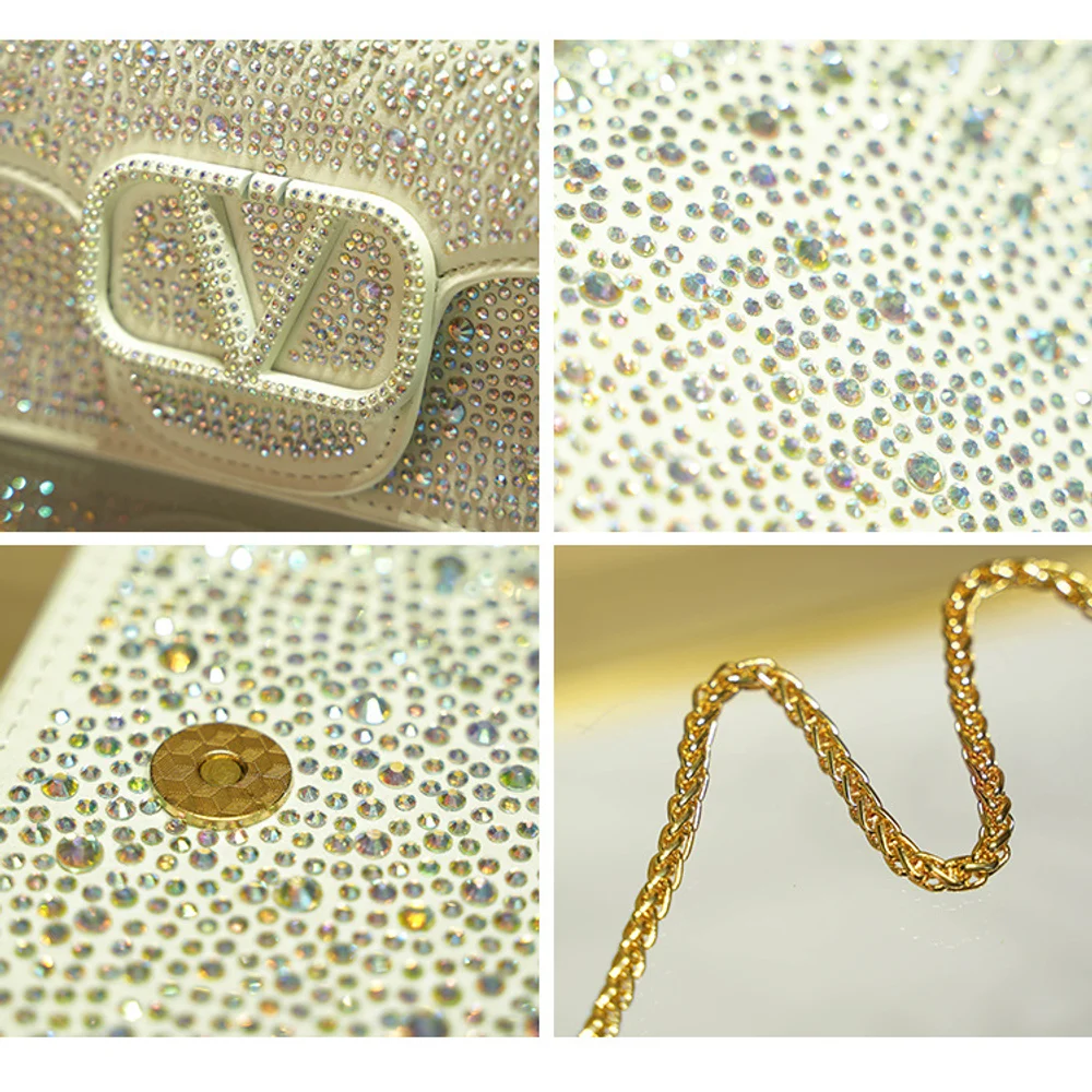 حقيبة مربعة صغيرة عصرية مرصعة بالألماس لعام 2025 للنساء ذات مظهر عالٍ وحقيبة كتف عصرية بسلسلة كتف عبر الجسم