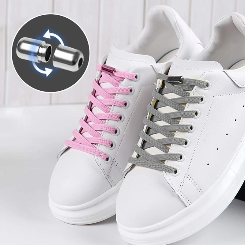 Strik Schoen Veters Kids Volwassen Platte Elastische Schoenveters Sneakers Kleurrijk Metalen Slot Luie Veters Zonder Stropdas Elastiekjes Voor Schoenen