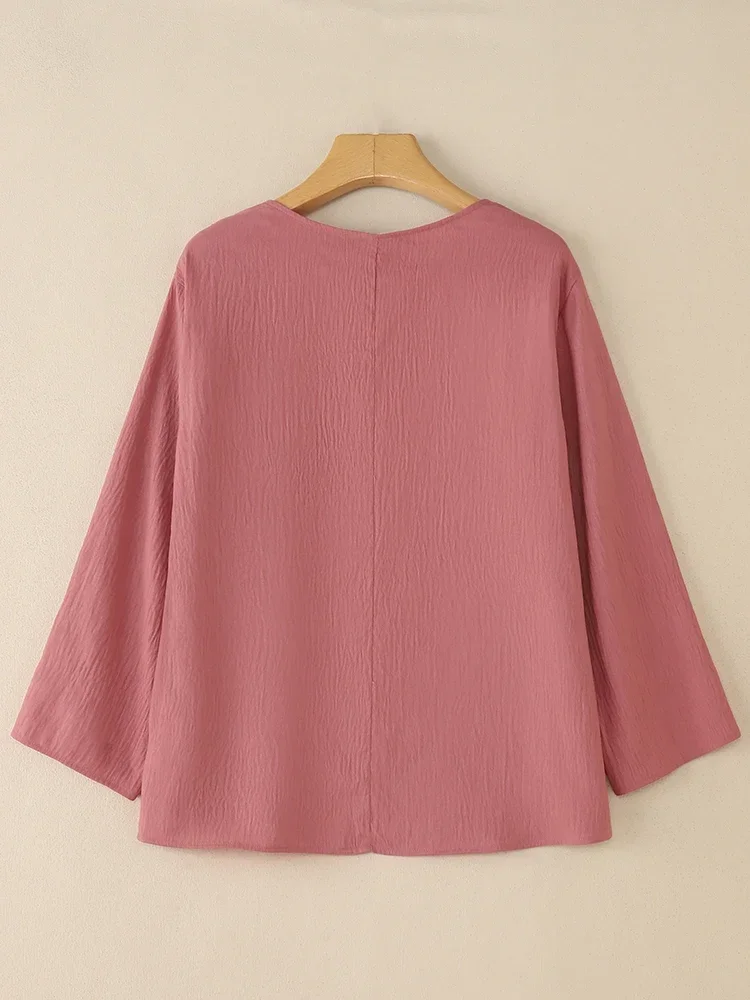 

ZANZEA 2025 модная блузка женская осенняя пуловер с длинными рукавами винтажные топы повседневные с v-образным вырезом однотонная элегантная офисная туника Blusas