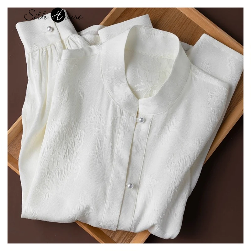 

20mm Breathable 93% Natural Mulberry Silk Elastic Crown Satin Light Chinese Style Standing Collar Long Sleeved Loose White Shirt