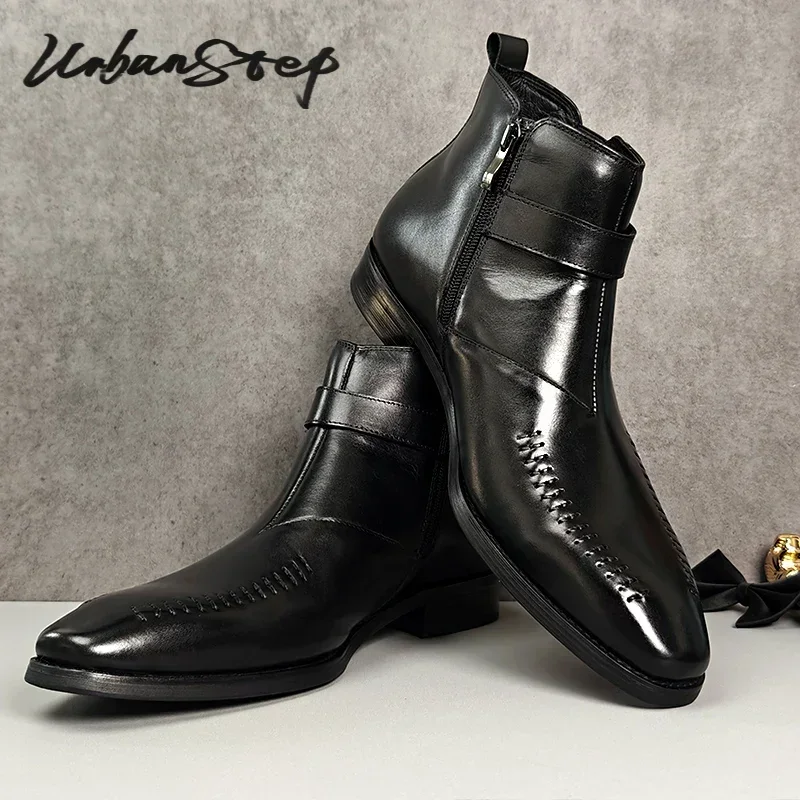 LUXURY MENS ANKLE BOOTS SHOES BLACK BUCKLE STRAP GENUINE LEATHER SLIP ON CHELSEA BOOTS CASUAL DRESS MAN SHOES LEATHER BOOTS MEN