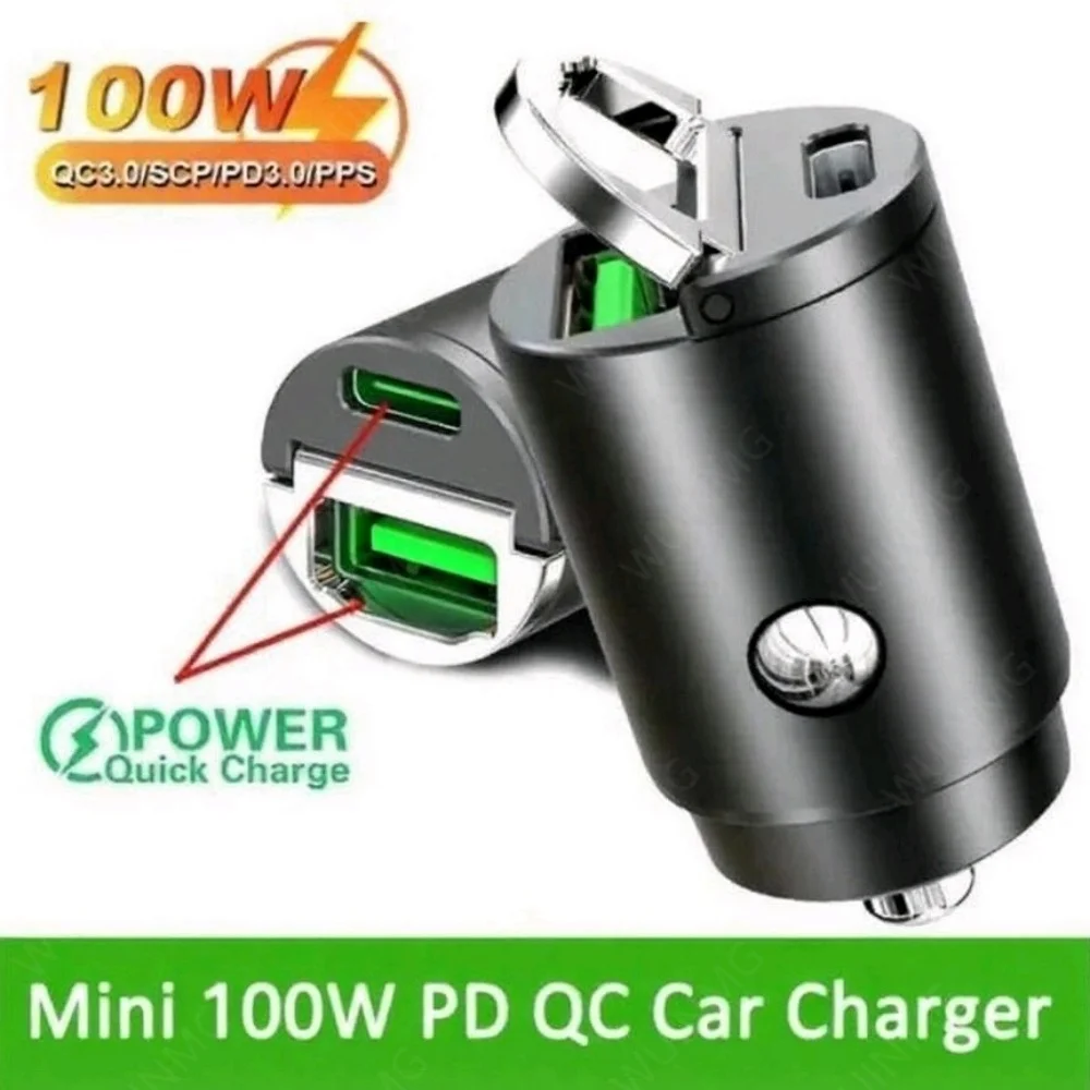صغير 100 واط حلقة سحب شاحن سيارة PD QC شحن سريع سيارة مهايئ شاحن الهاتف آيفون 16 15 شاومي سامسونج سيارة شاحن سريع