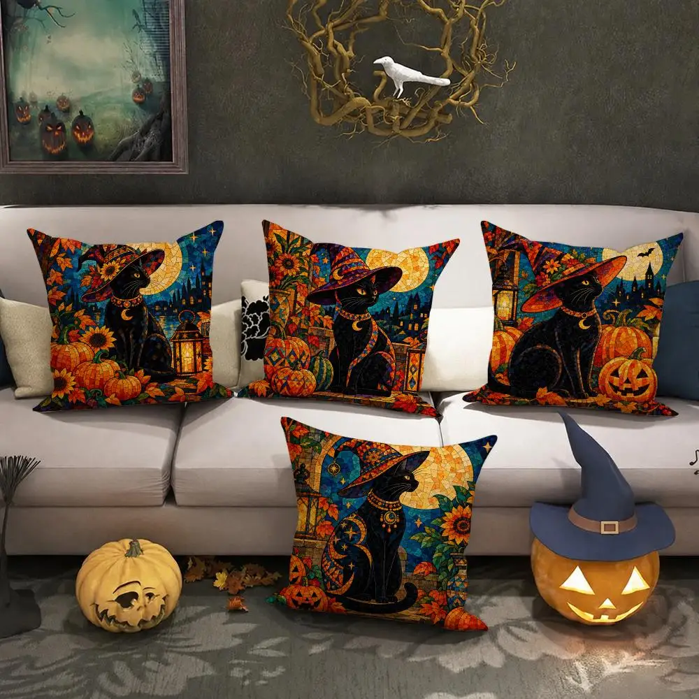 Witch Cat Halloween Gift Cushion Cover Halloween Rustic Throw Pillow Covers, Cute Ghost Pumpkin Maple Leaf Cushion Covers