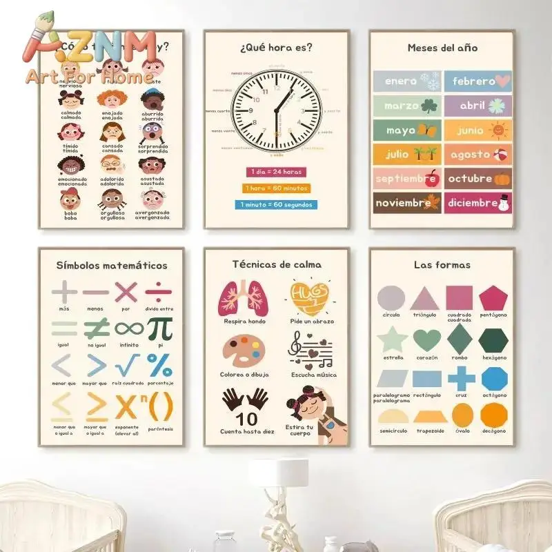 Boho Wall Art Number Alphabet Learning Poster Spanish Educational Posters And Prints Kids Toddler Playroom Decor Canvas Painting