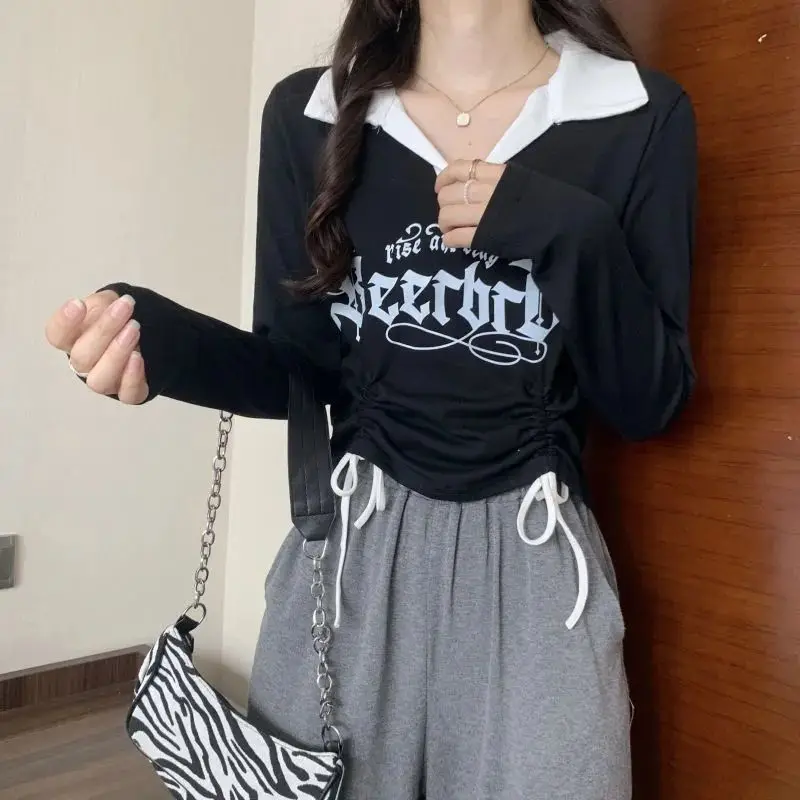 

Women Long Sleeve Collar Blouse Korean Inspired Contrast Color Drawstring High Waist Top Fashion Casual Streetwear