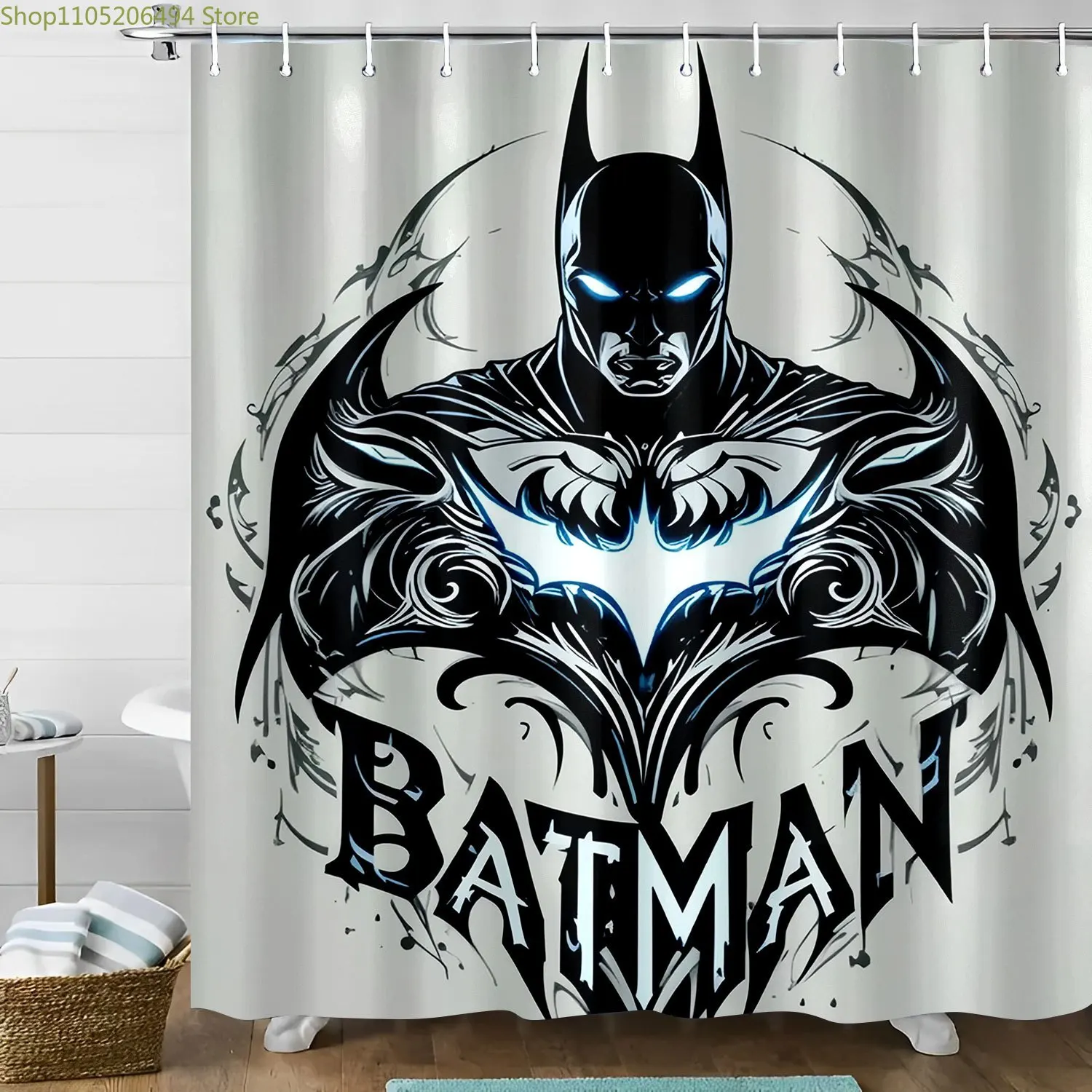 1 cortina de ducha con estampado de Batman de WB con ganchos, diseño de Batman y símbolo de murciélago, fondo con gráficos de Batman, adecuada para bañera