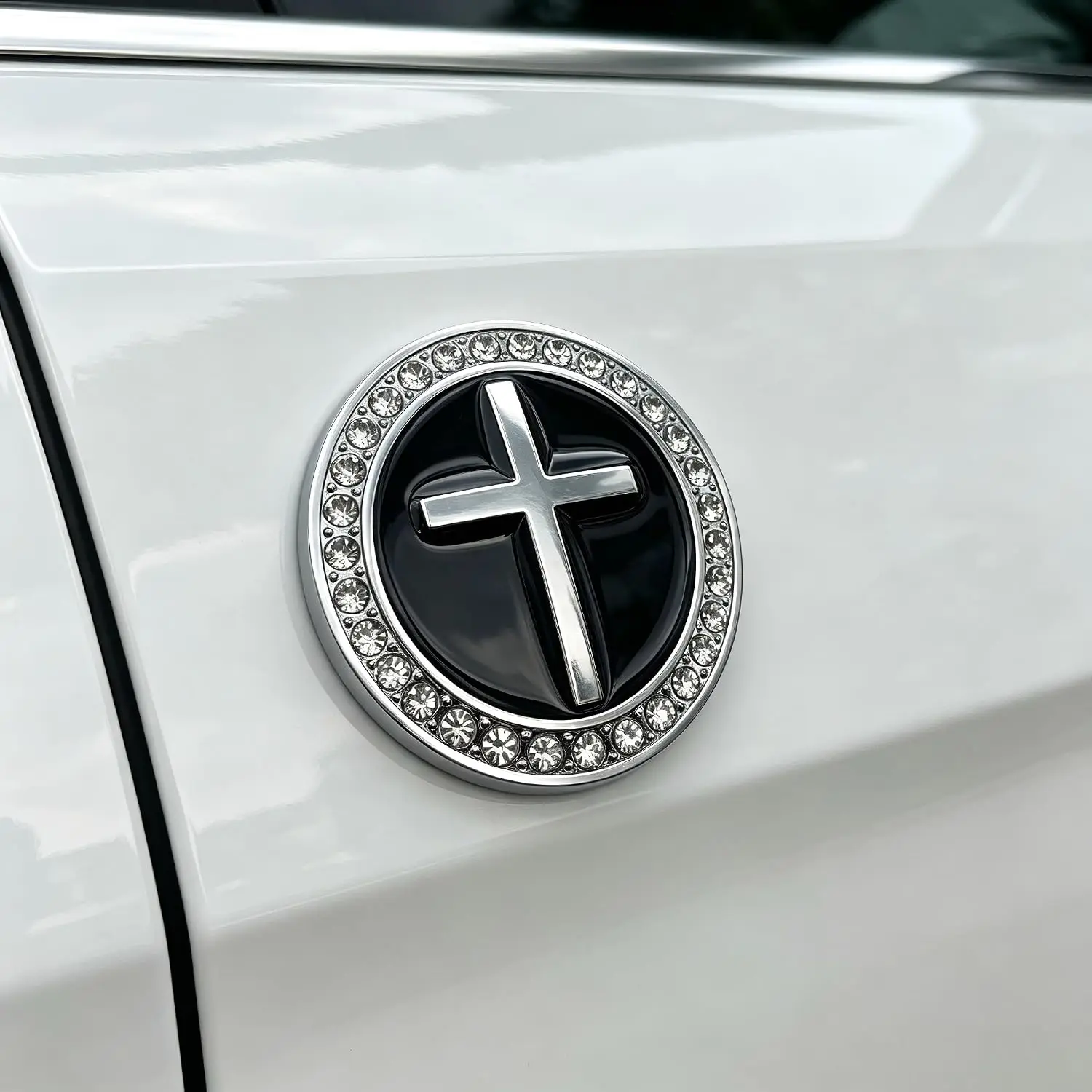 Metal Jesus Cross Sticker 3D Round Emblem with Rhinestones for Car, Auto Vehicle Christian Badge Decal for Car, Truck, Window
