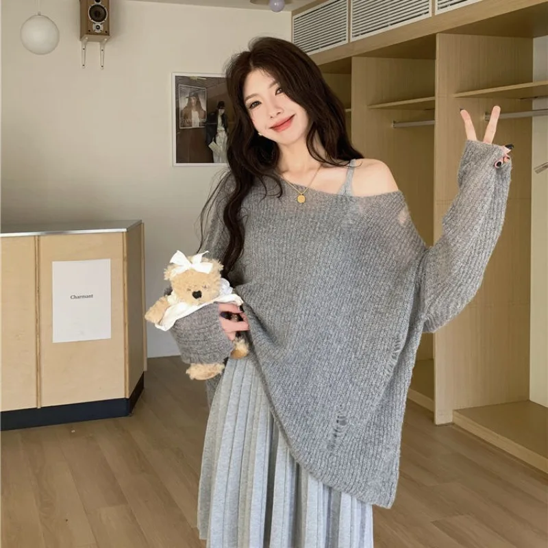 

Y2K ажурный женский пуловер корейский свободный ленивый стиль вязаный свитер с отверстиями модная уличная одежда с открытыми плечами солнцезащитные топы