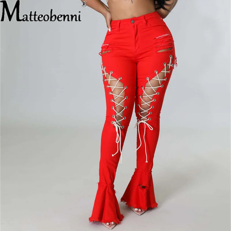 Sexy Slim High Waist Jeans Women Vintage Ripped Stretch Eyelet Bandage Mopping Denim Flared Pants Ladies Casual Street Trousers
