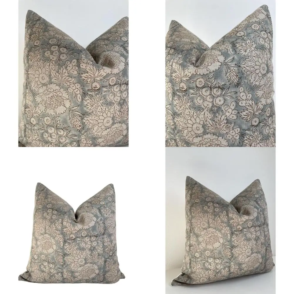 

Vintage Linen Throw Pillow Cover - 20 Hand Block Printed, Indoor/Outdoor, Handmade Cushion Cover (Elowen)
