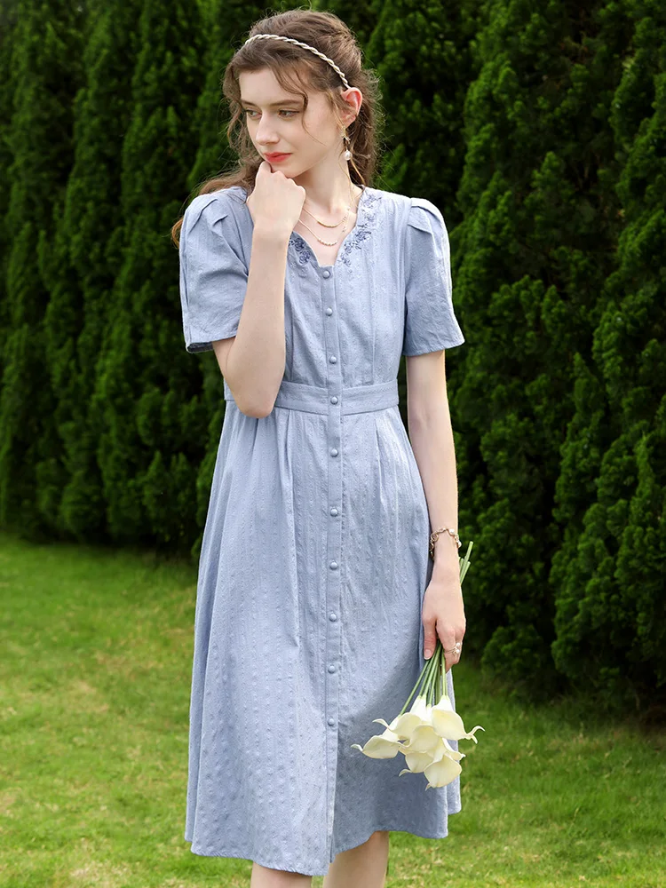 I BELIEVE YOU French 100% Cotton Dress Embroidery V Neck Short Sleeve 2023 Summer New Chic Midi Dress Female Vestidos 2231095085