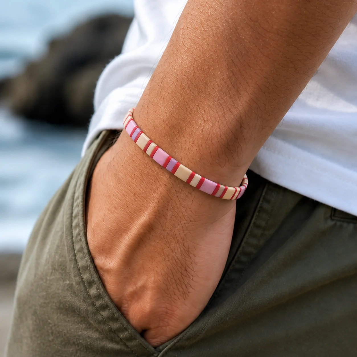 1pc Geometric Glass Beaded Strand Bracelet Pink Purple Cream Red Color Block Bohemian Style Unisex Wrist Jewelry
