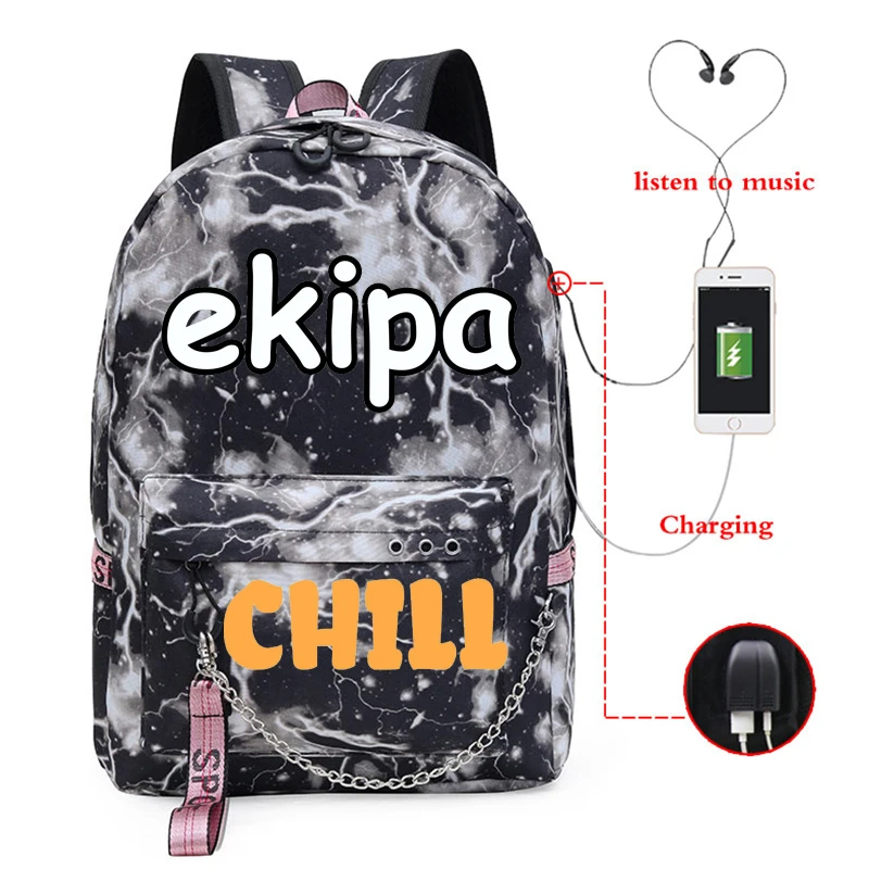 Teen School Bag for Girls Backpack Women EKIPA Printing Bookbags Middle Student Schoolbag Large Black USB Charging Nylon Bagpack