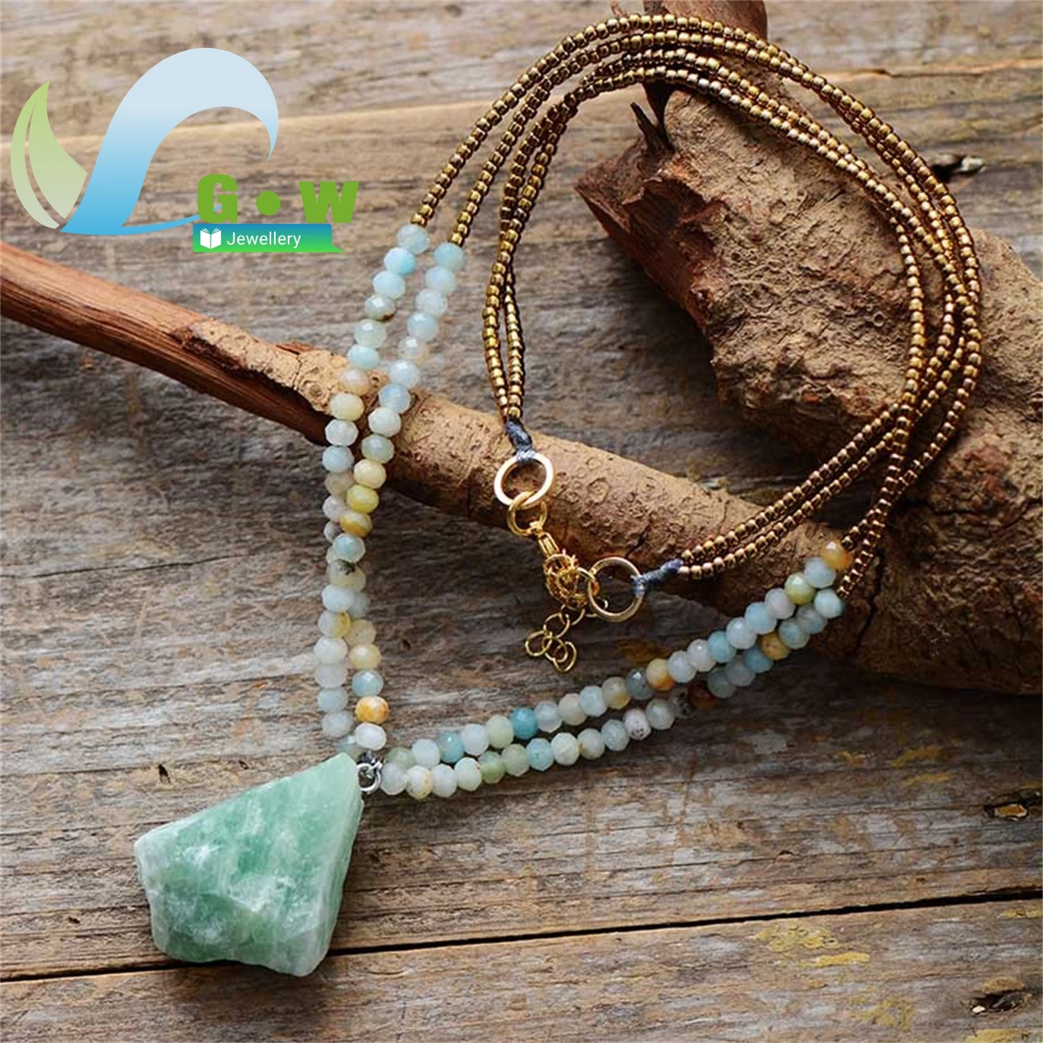 

New Ecommerce Exclusive Amazonite Pendant Necklace High Quality Popular Jewelry Wholesale Colorful Natural Stone Beaded Long Pen
