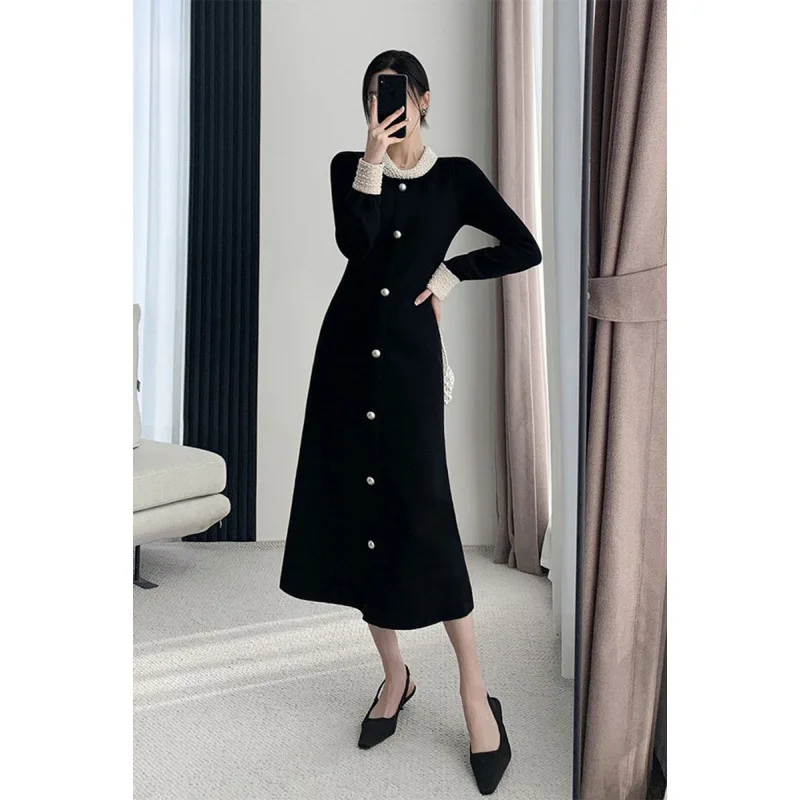 فستان أسود طويل متماسك كوري ياباني جديد لعام 2025 للنساء لربيع وخريف مصنوع بحرفية ثقيلة فساتين سوداء صغيرة غير رسمية فرنسية #3