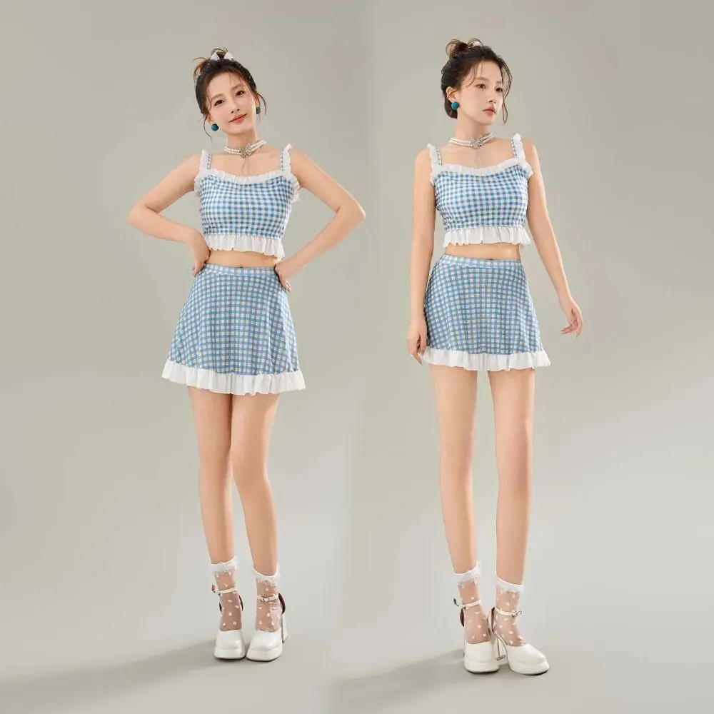 

Ruffled Edge Stripe Grid Swimsuit Suit Two Pieces Sweet Skirt Bathing Suit Hot Spring Clothing Beachwear Swimwear Bikini Set
