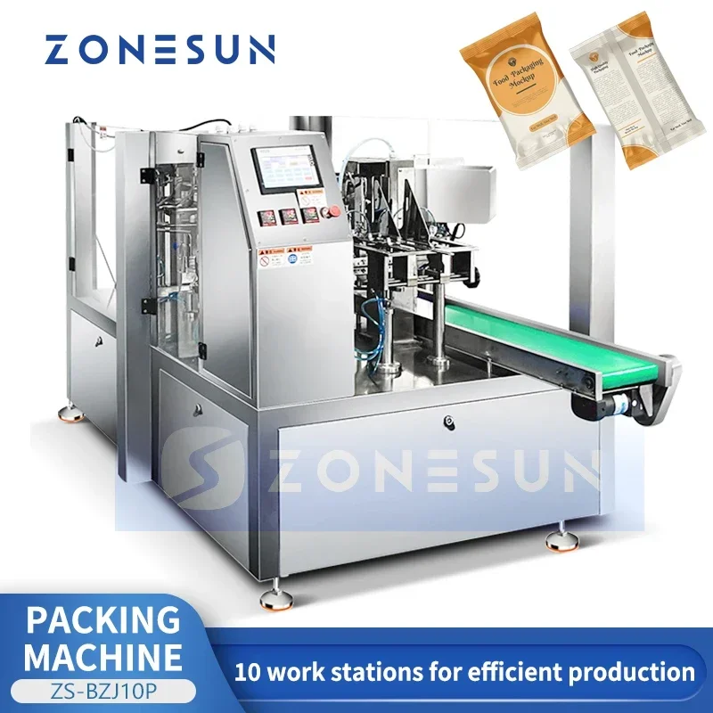 ZONESUN Macchina automatica per il riempimento e la sigillatura delle buste Custodia prefabbricata Stand Up Pack Attrezzatura per il riempimento rotativo ZS-BZJ10P