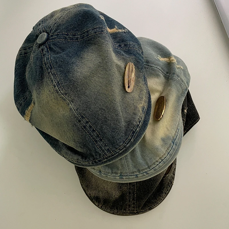 

New Trendy Street Personality Ripped Denim Forward Hat Spring and Autumn Retro Polished Short-brimmed Men and Women Newsboy Cap