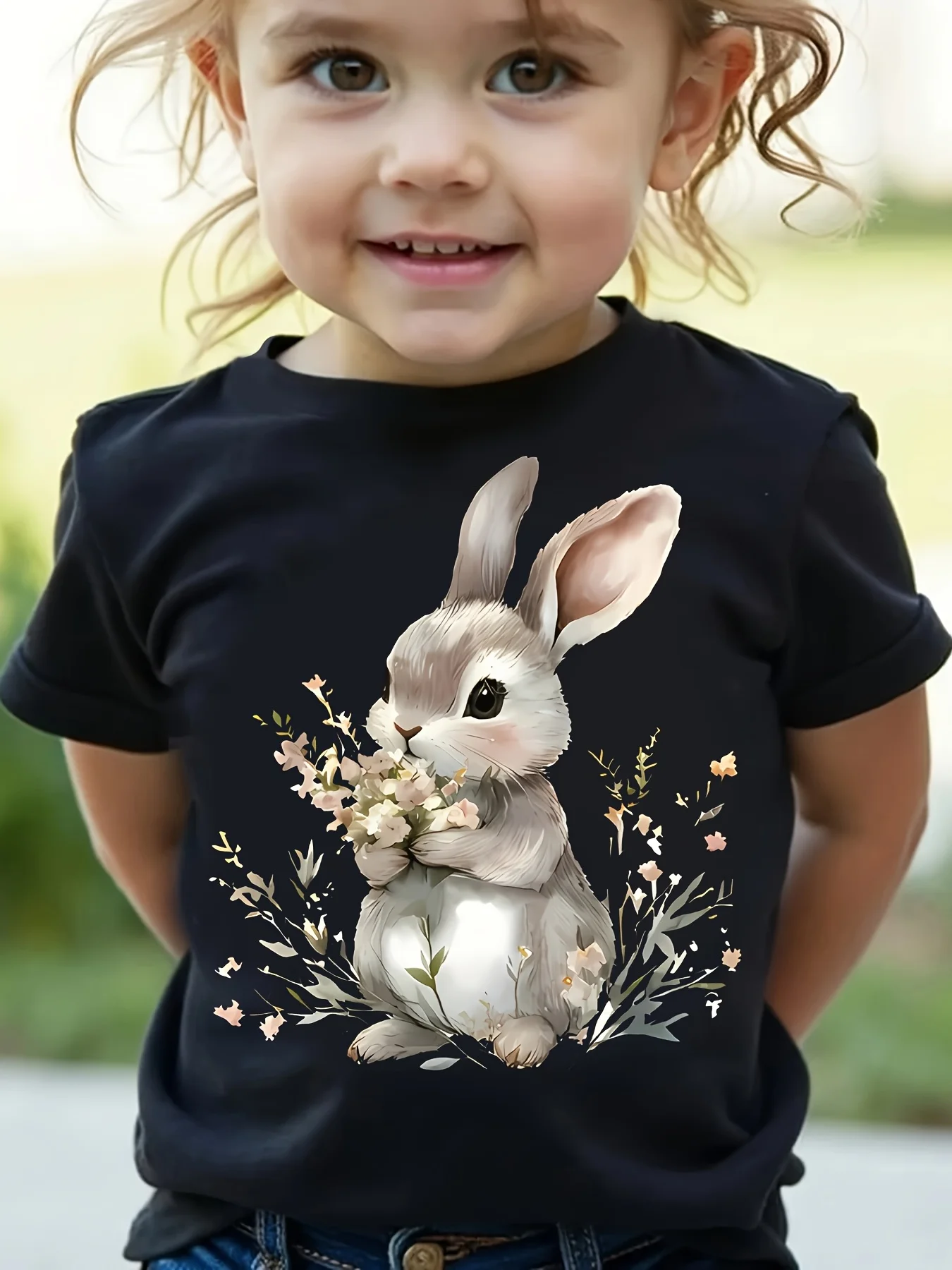 Girl Cute Retro Rabbit Printed T-shirt Watercolor Style Rabbit Printed T-shirt Outdoor Activity Girl Parent Child Clothing