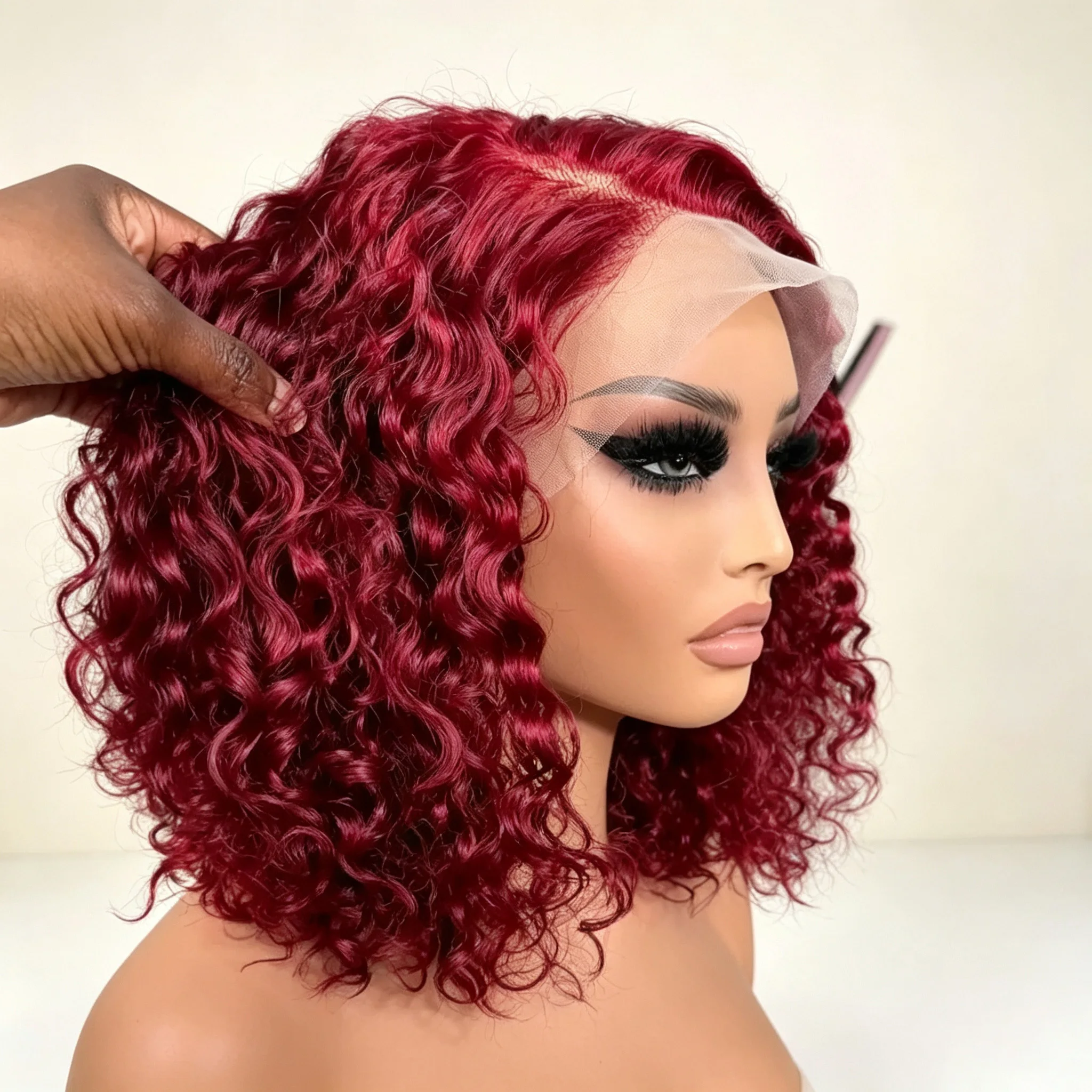 13x4 HD Transparent Lace Wigs Human Hair Remy Hair 200 Density 12 Inch Water Wave Bob Wig 99J Burgundy Curly Water Wave Bob Wigs