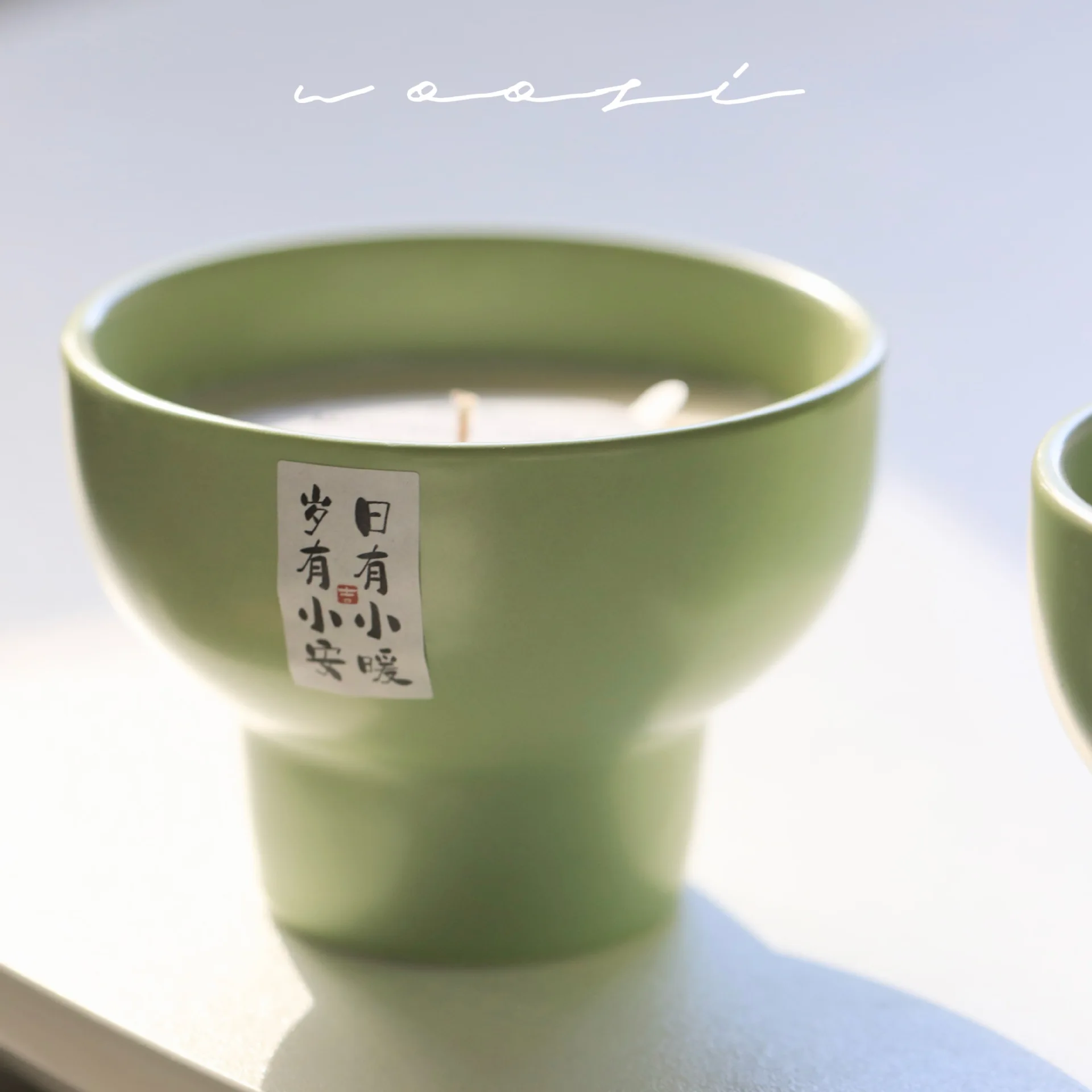 Warm Tea Aroma Scented Candle. Matcha Green High-footed Ceramic Cup Wax. Smokeless Candle Longjing Tea Essential Oil Soybean Wax