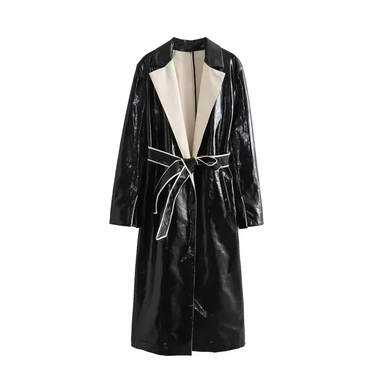 

PU Black Women's Trench Long Coat for Women 2025 Turndown Collar Windbreaker Overcoat Ladies Lace-Up Trench Outerwear