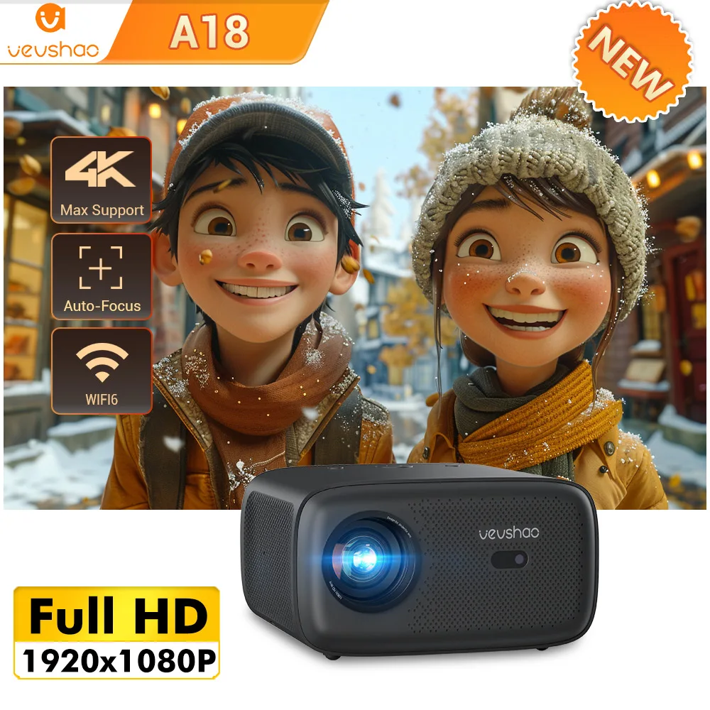 VEVSHAO ใหม่ A18 โปรเจคเตอร์ Full HD 1080P 2K 4K WiFi 6 Auto Focus 600Ansi Android 9.0 โฮมเธียเตอร์สมาร์ท Proyector