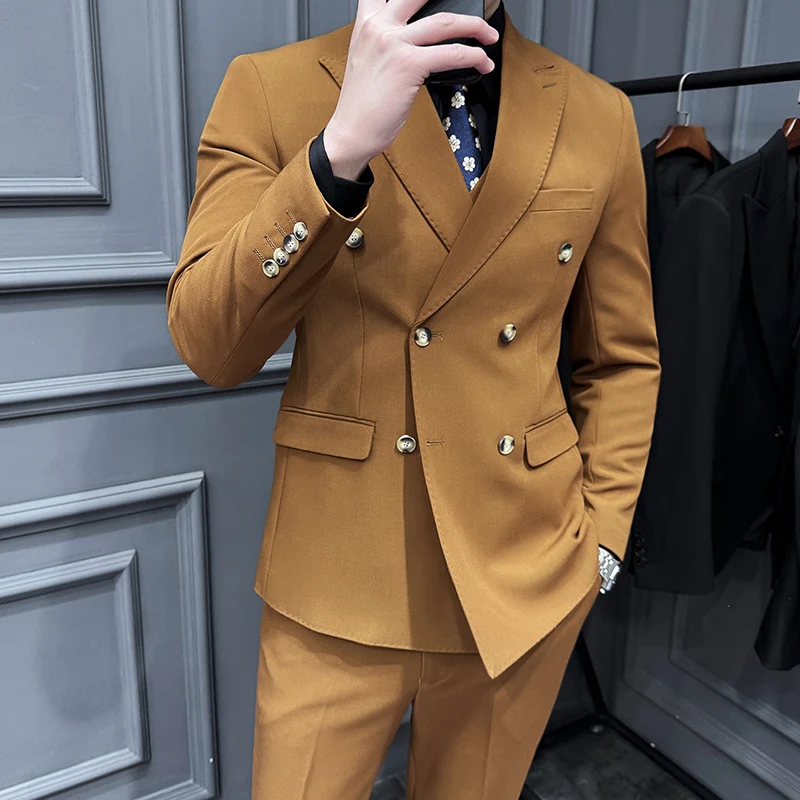 (Jackets+Vest+Pants) New Style Three-piece Double-Breasted Suits/Male Solid ColorBusiness Blazers Man Slim Groom\'s Wedding Dress