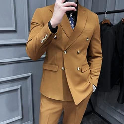 (Jackets+Vest+Pants) New Style Three-piece Double-Breasted Suits/Male Solid ColorBusiness Blazers Man Slim Groom's Wedding Dress