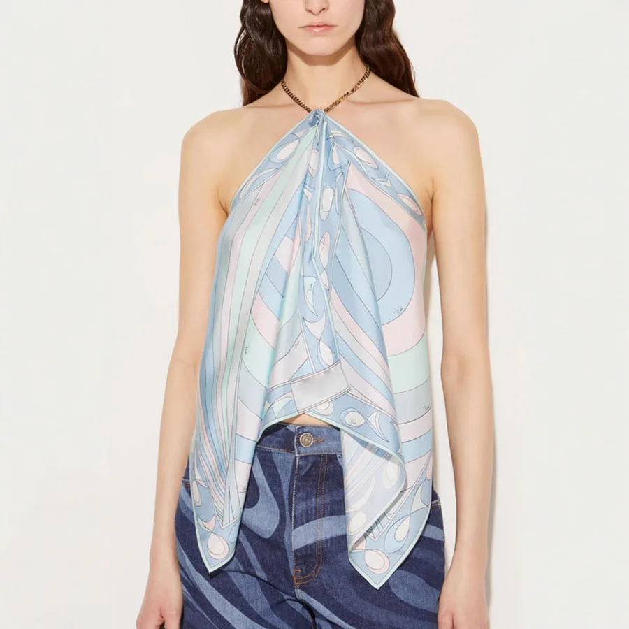 2025 Primavera Estate Nuovo Halter Neck Posizionamento stampato senza spalline INS Allentato Vacation Party Backless Satin