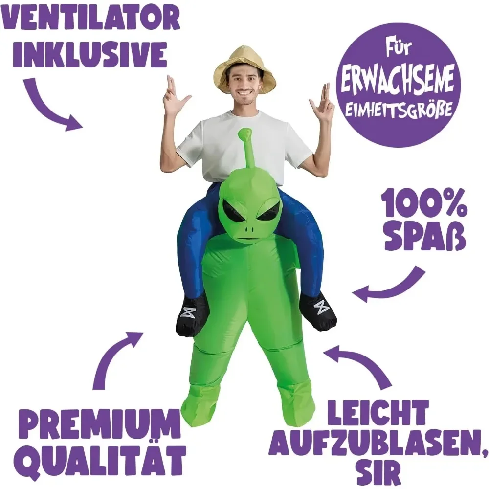 Disfraz inflable de alienígena para hombres y mujeres, con diseño de soplador incorporado, un divertido atuendo de figura alienígena, ideal para fiestas de Halloween, carnavales, espectáculos y eventos temáticos.