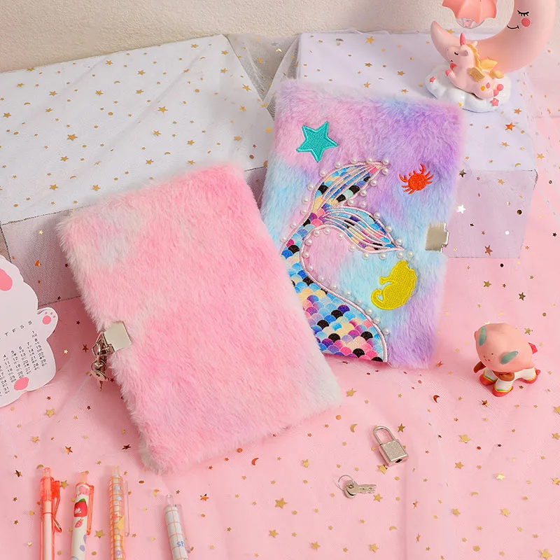 Kawaii Girls' Notebook Children's Mermaid Tail Plush Notebook with Lock and Key Sketching Book Planning Organizer Student Gift