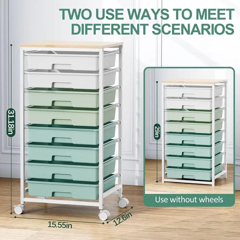 8-Drawer Storage Cart with White Drawers & Wooden Top for Classroom and Office Organization in Green
