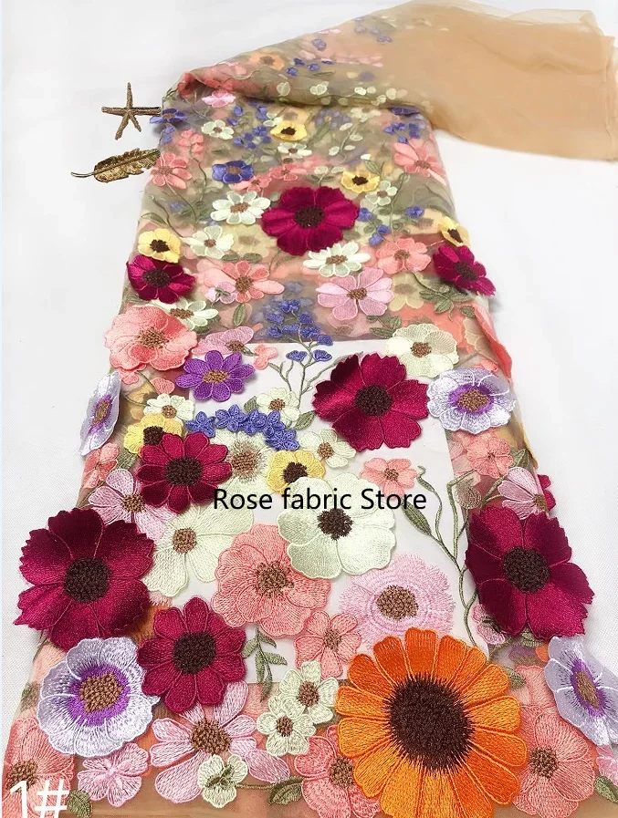 12 Colors 3D Multicolored floral appliquéd lace fabric flower embroidery tulle fabric for Girl Dress Wedding Dress