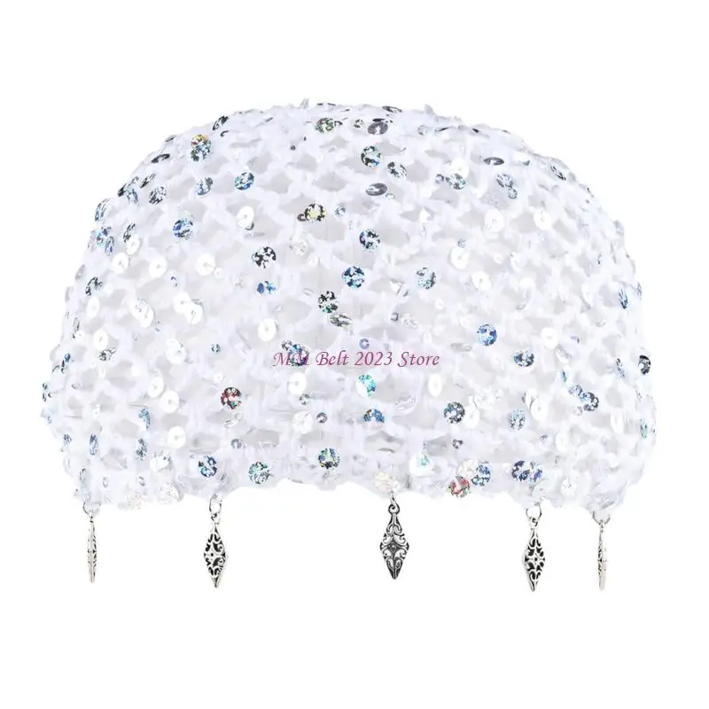 49ME Statement Crochet Skull Cap with Disc Embellishment Open Weave Hat Size 55-59 for Party Wear Looks