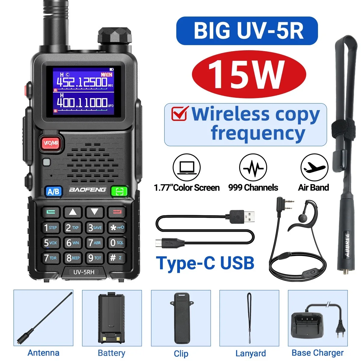 Baofeng UV-5RH Air Band Walkie Talkie Draadloze kopieerfrequentie Type-C NOAA Lange afstand 999CH Verbeterde UV-5R 5RM Ham Two Way Radio
