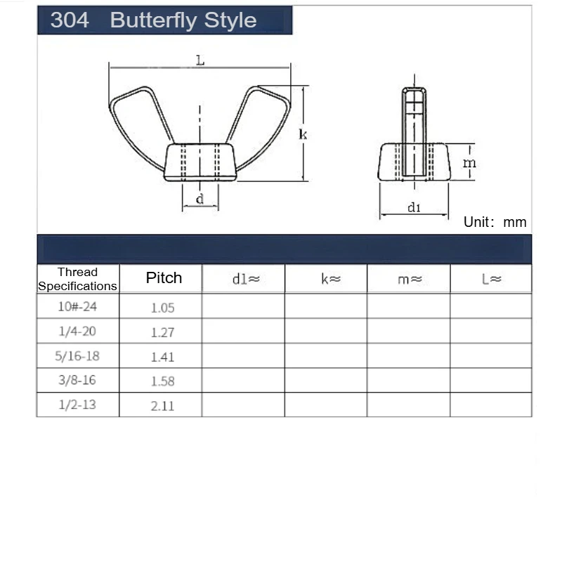 UNC 10#-24 1/4-20 5/16-18 3/8-16 1/2-13 304 Stainless Steel Butterfly Wing Nuts Hand Tighten Nut Thumb Fastening Nut