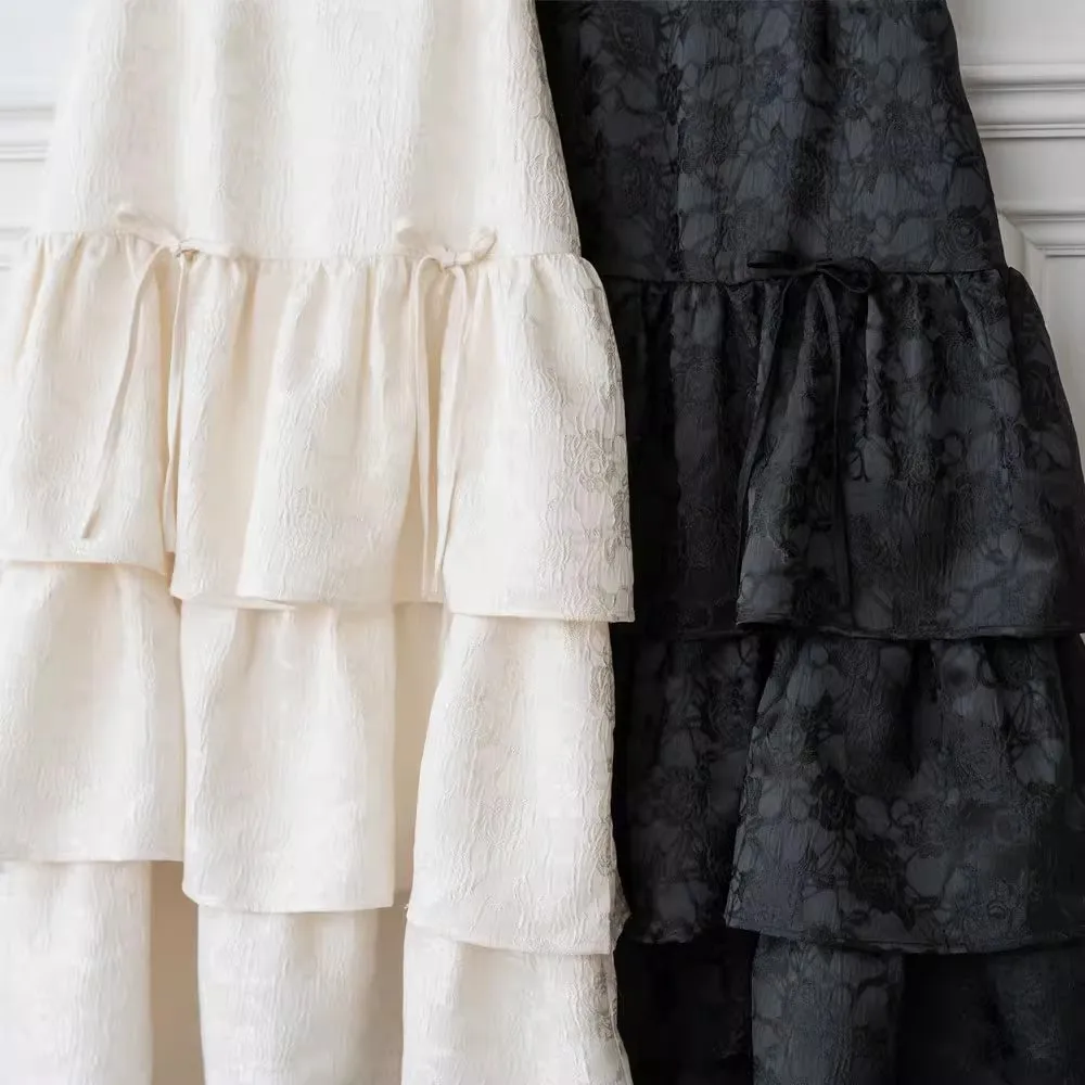 Japanese Commuter Ladies Ruffled Long Tiered Skirt 2024 Spring and Summer New Temperament Women Dark Embossed Fabric Skirts