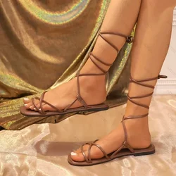 2024 Ladies Summer New Fashion Cross Strap Fairy Style Women Sandals Sexy Open Toe Flat Beach Women Roman Shoes Zapatillas Mujer