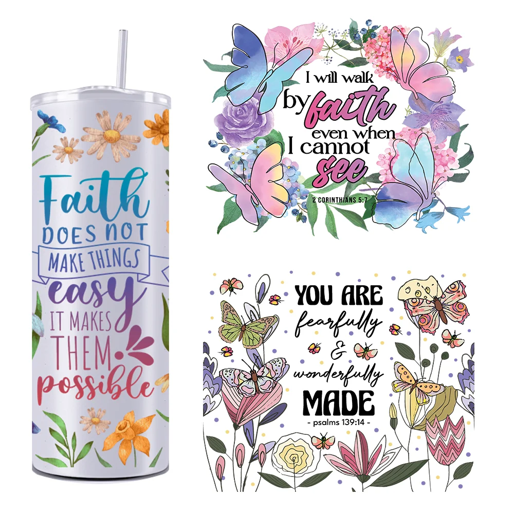 Faith Quotes Christian Floral Flowers 20OZ UV DTF Straight Wrap Transfers Stickers Custom Labels DIY Waterproof Logo For Tumbler