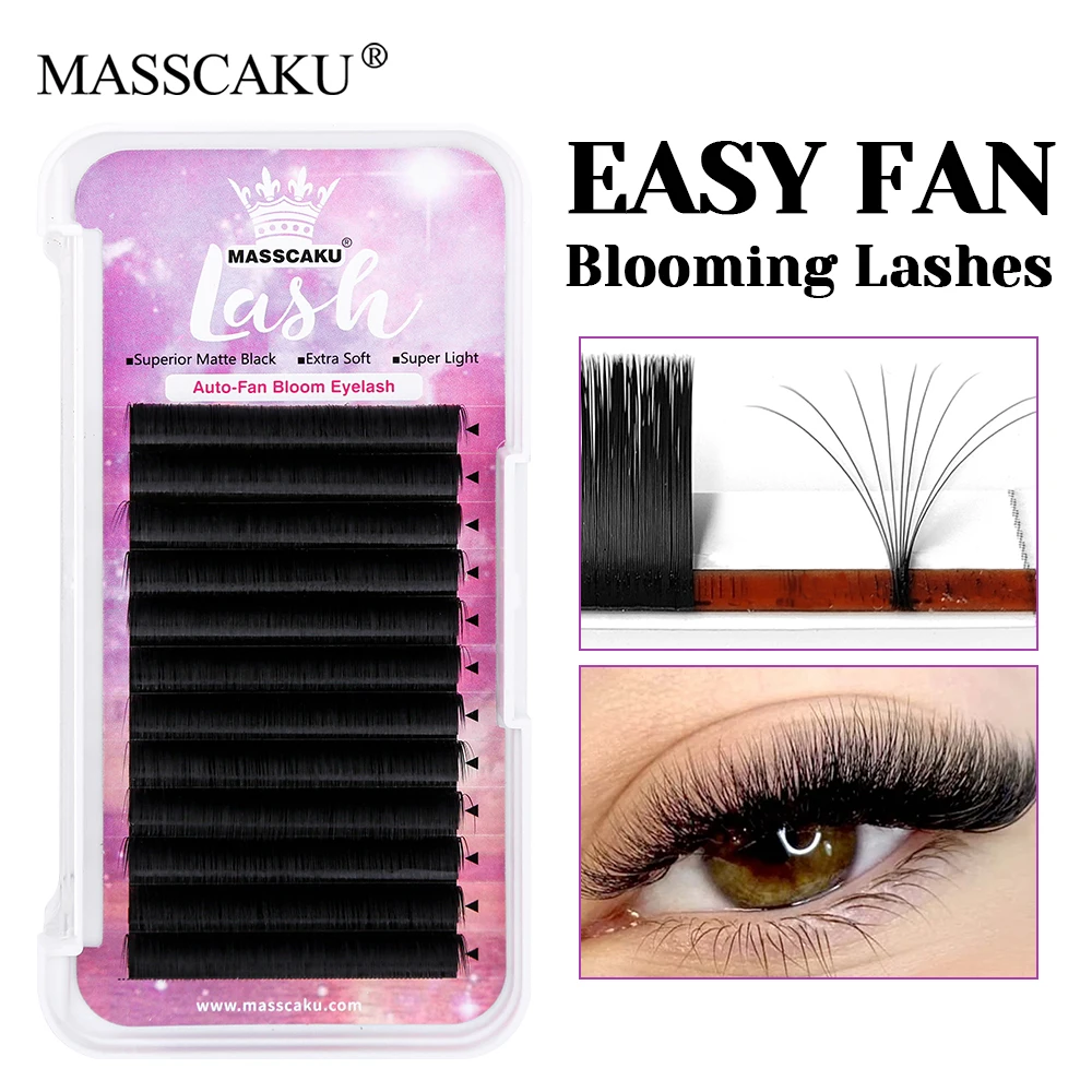 

MASSCAKU Hot Selling 0.05/0.07mm Thickness Waterproof 1 Second Blooming Lash Premium Faux Mink Self Fanning Eyelash Easy to Pick