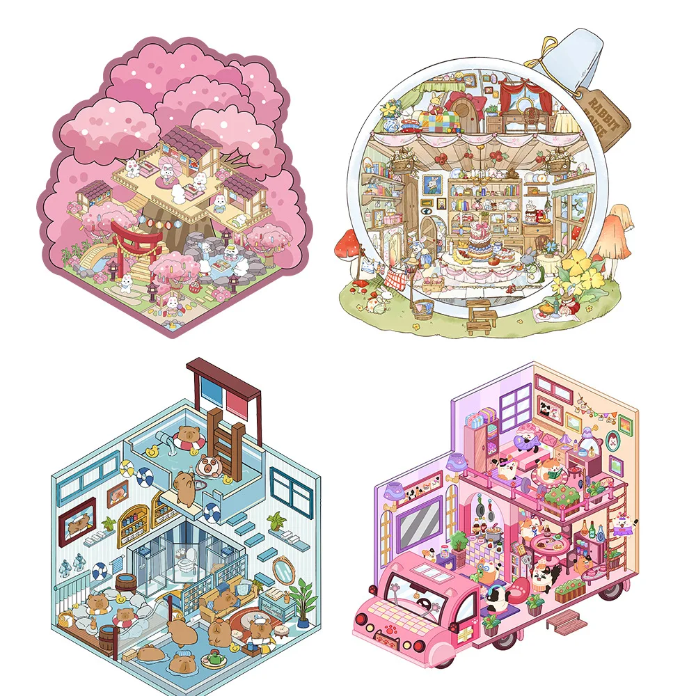 Cartoon Landscape Stickers Miniature World Small Creative 3D Cabin Decompression DIY Scene Home Interaction PET Stickers