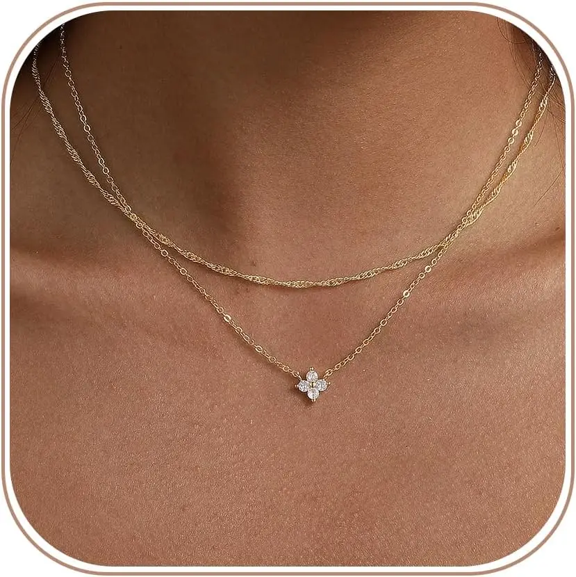 

Dainty Layered Cross Flower Cubic Zirconia Necklace 14K Gold Plated Simple Choker Gift for Women