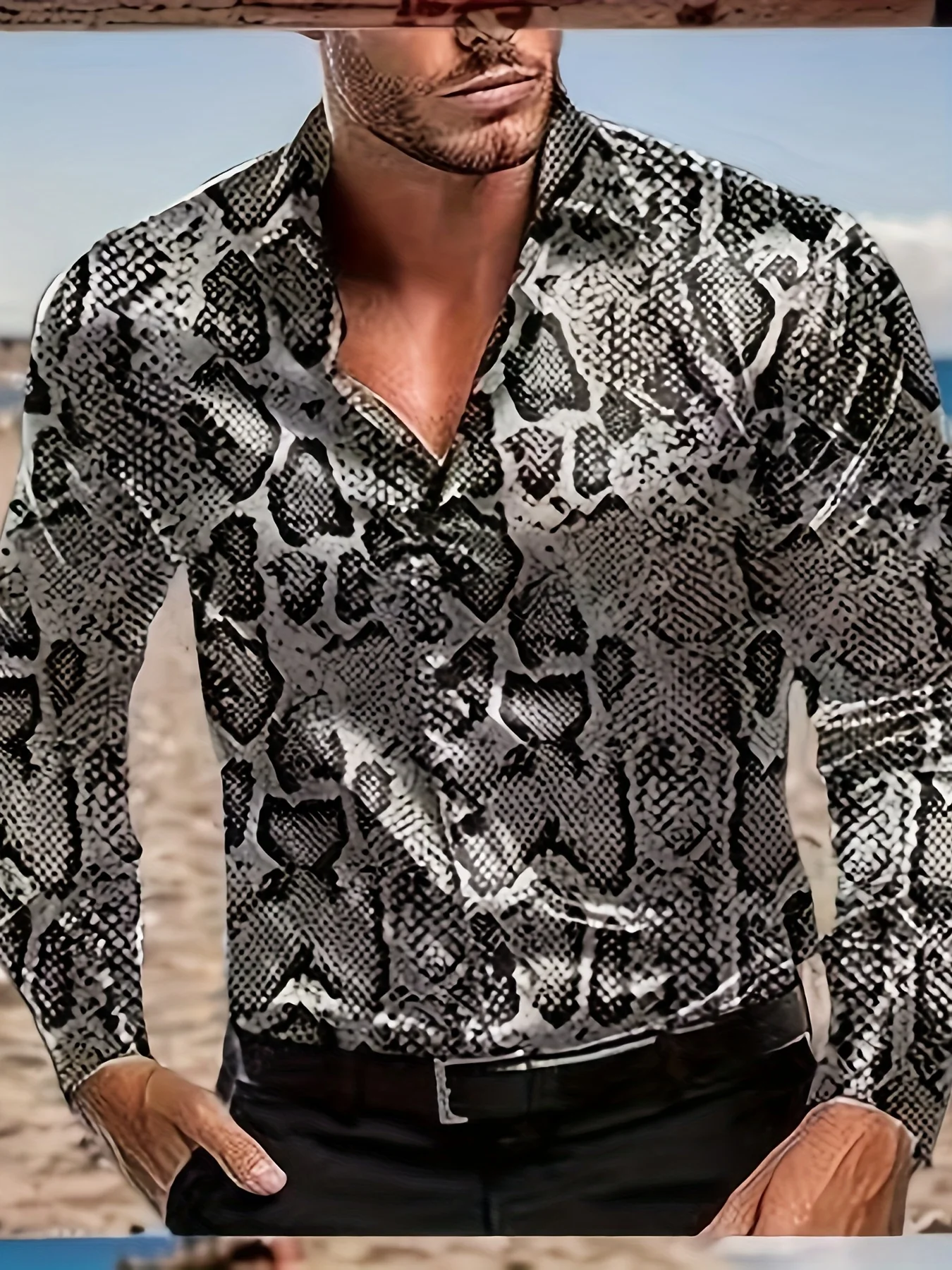 Men Snake Skin Animal Print Long Sleeve Shirt Turn‑Down Collar Button‑Up Polyester Nightclub Casual Blouse
