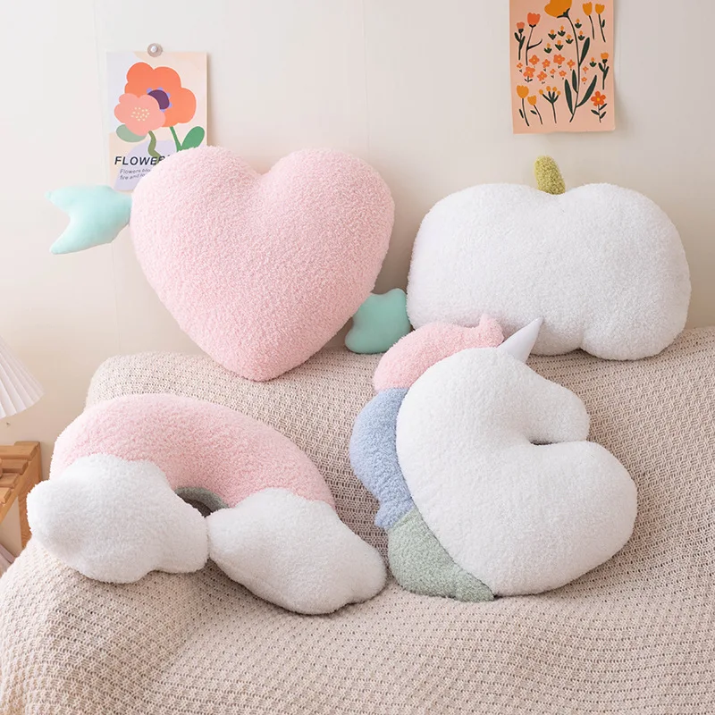 Almohada de felpa suave de arcoíris, cojín de peluche de corazón rosa, calabaza, abrazo, unicornio, juguete de felpa, almohada de masaje para dormitorio de niña