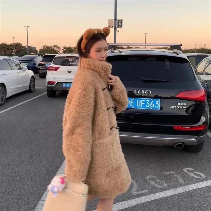 Preto irmão teddy pupu chao couro laço chifre de vaca fivela quente solto imitação lã cordeiro casaco cardigan jaqueta jj770