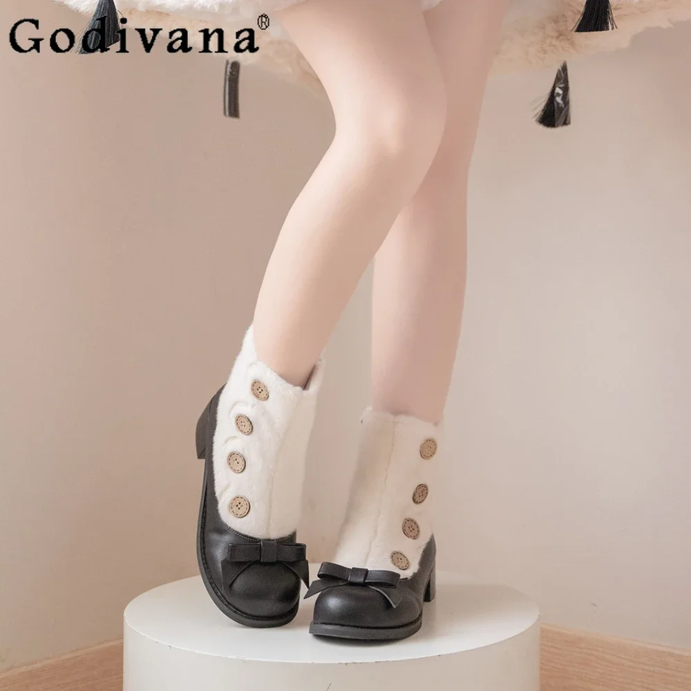 

Sweet Cute Round Head Women Shoes Velvet Mary Jean Lolita Boots Hair Socks Low Heels Girls